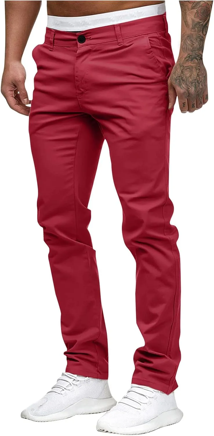 2021 Mens Chino Fit Flat Front Dress Pants Casual Cotton Jeans Slim Fit Skinny Stretchy Slacks Tapered Trousers