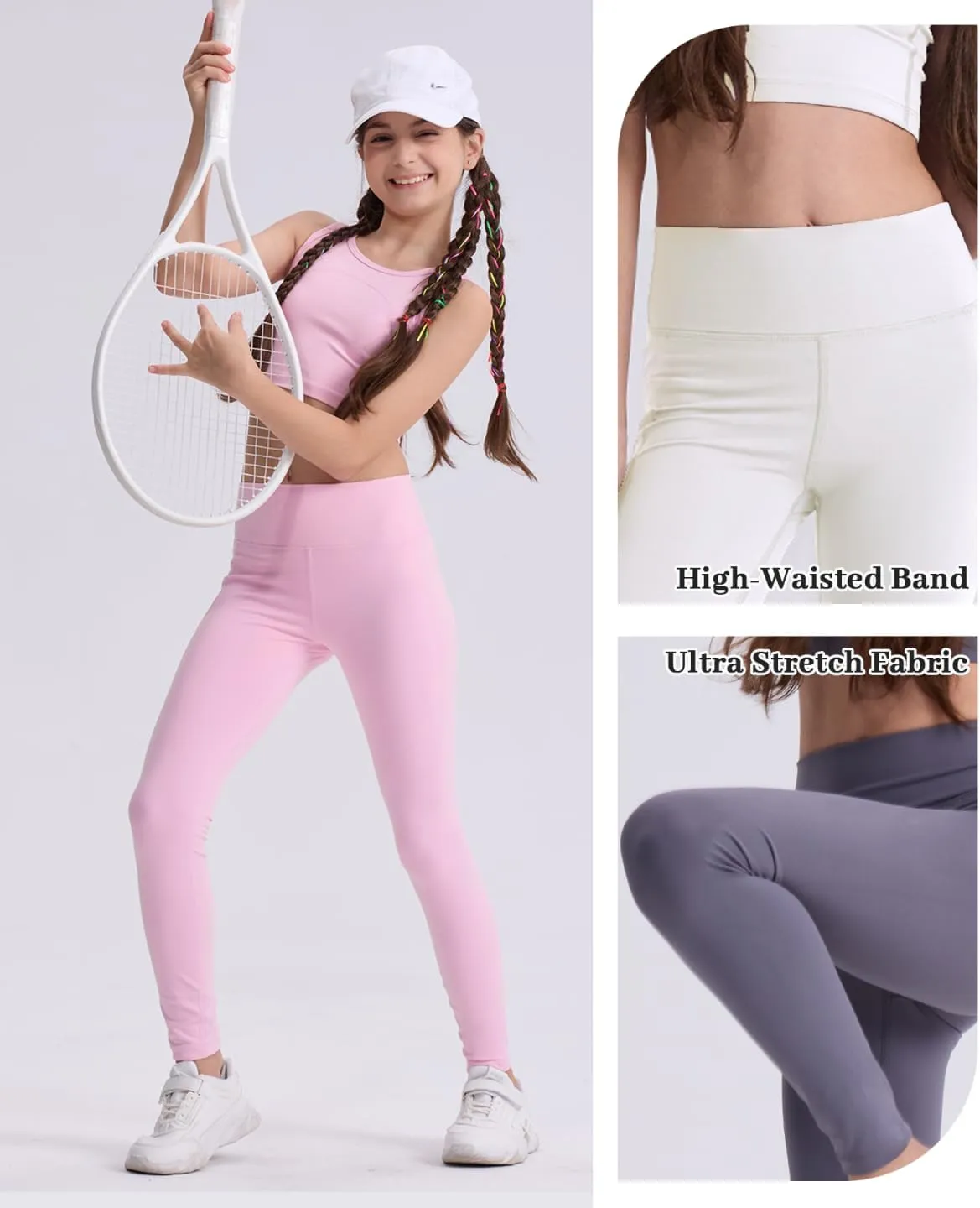 3 Pack Girls Black Athletic Leggings, Printed Ankle Length High Waisted Yoga Pants for Kids Teen