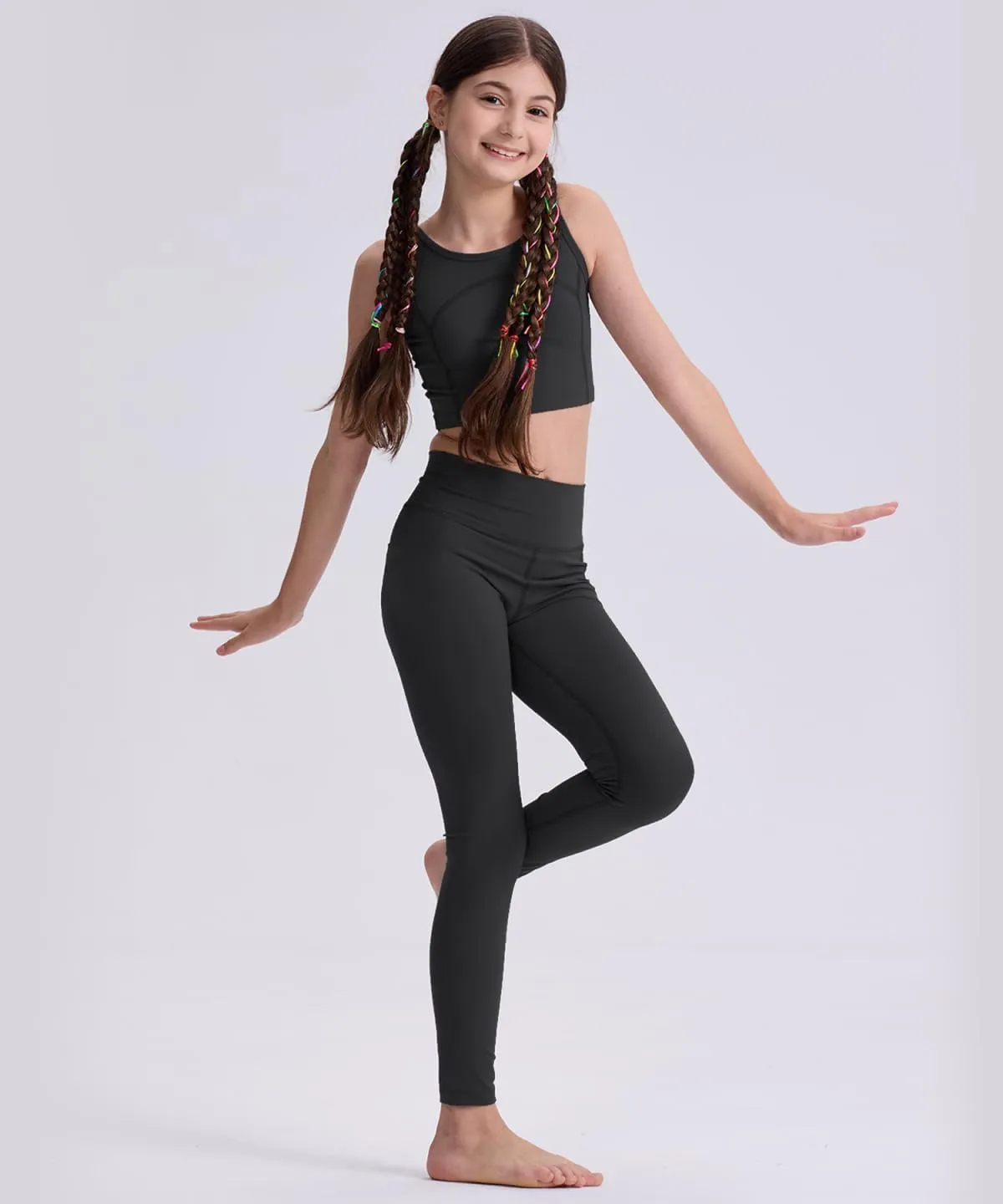 3 Pack Girls Black Athletic Leggings, Printed Ankle Length High Waisted Yoga Pants for Kids Teen