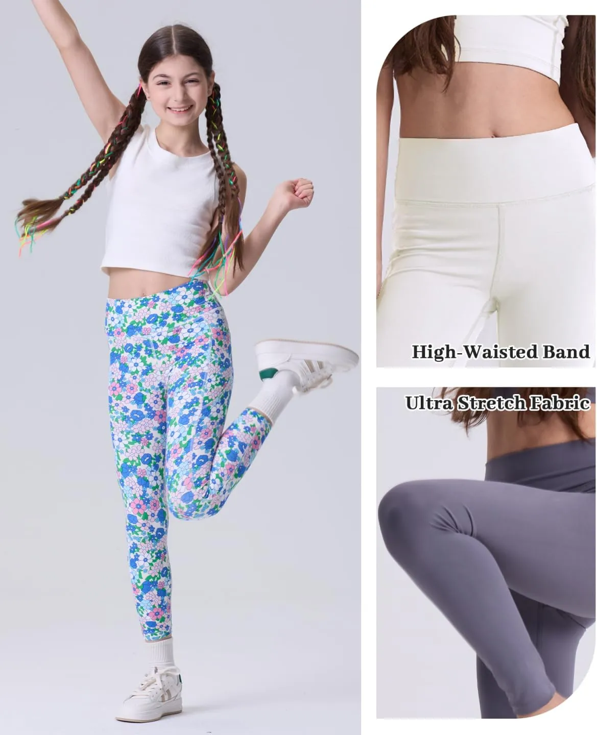 3 Pack Girls Black Athletic Leggings, Printed Ankle Length High Waisted Yoga Pants for Kids Teen