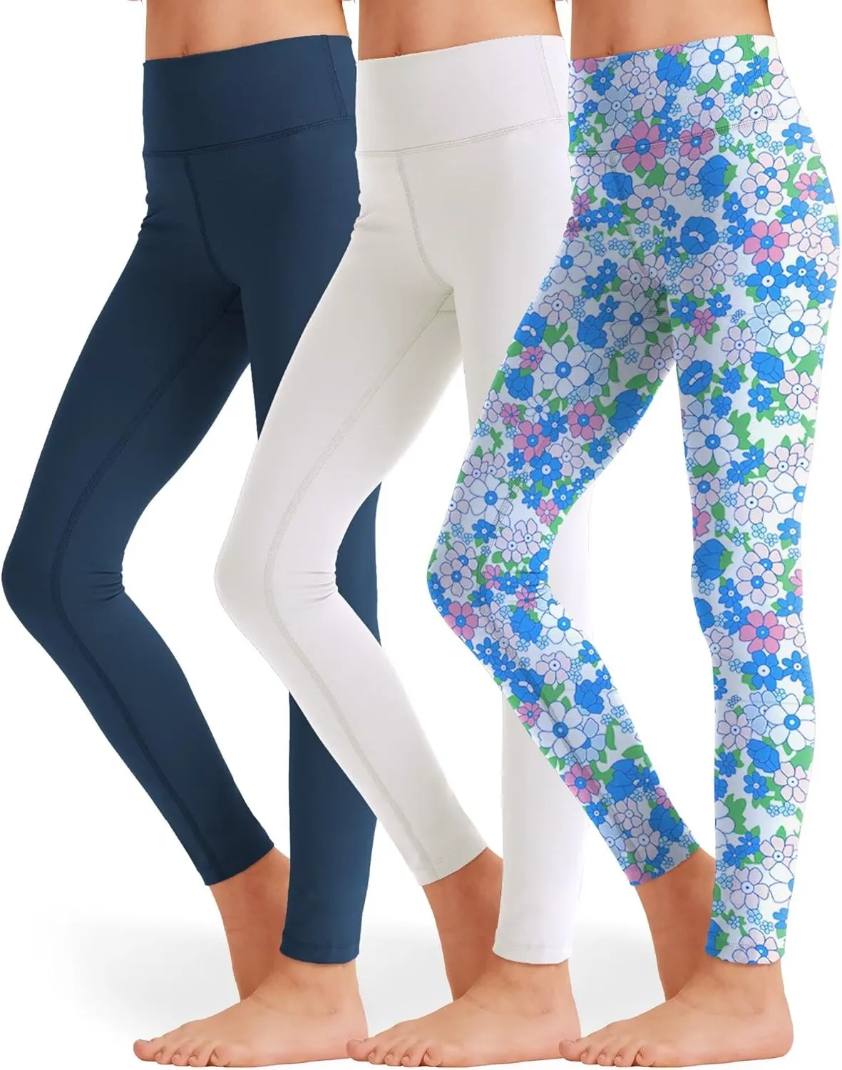 3 Pack Girls Black Athletic Leggings, Printed Ankle Length High Waisted Yoga Pants for Kids Teen