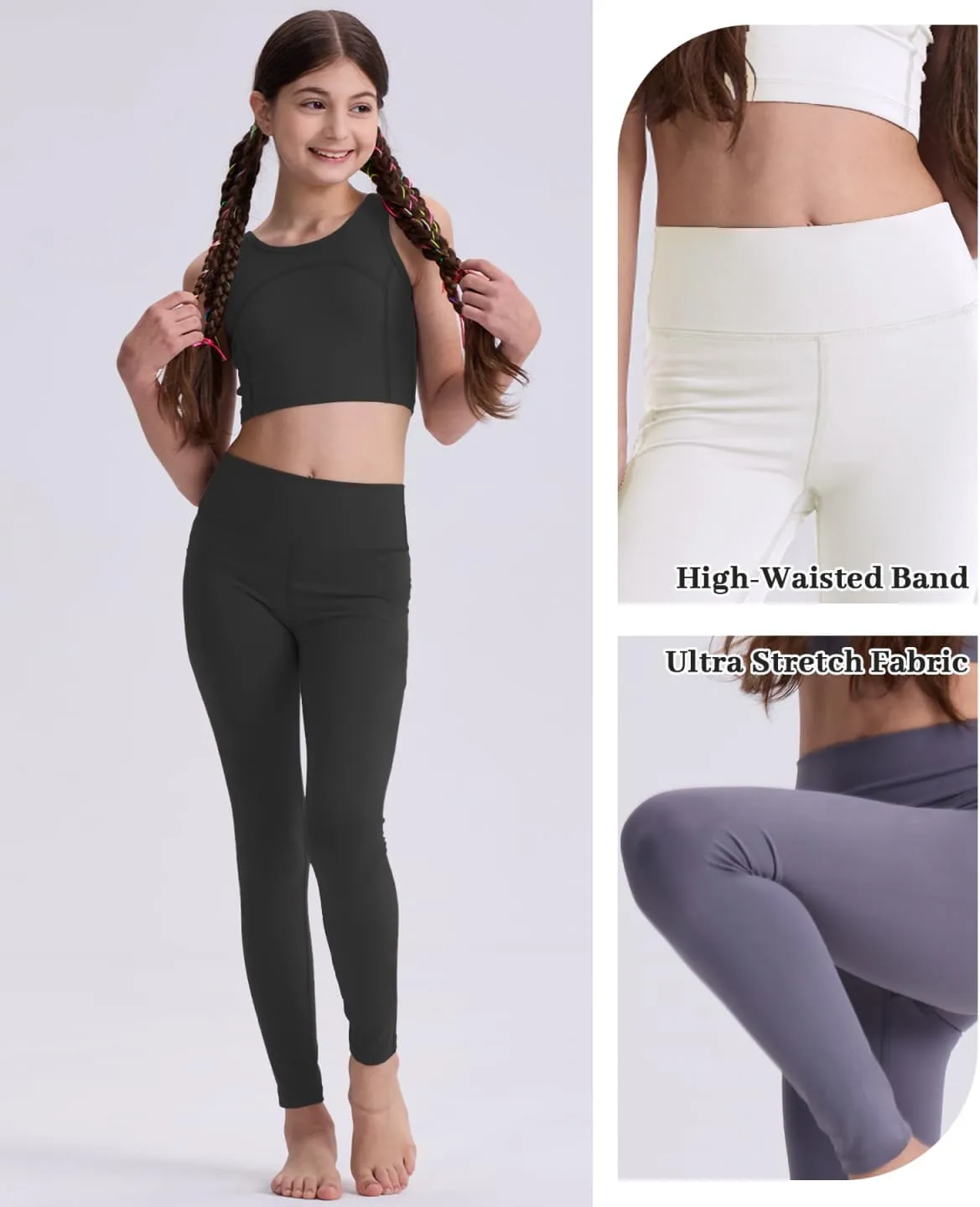 3 Pack Girls Black Athletic Leggings, Printed Ankle Length High Waisted Yoga Pants for Kids Teen