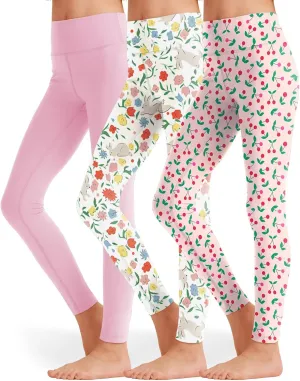 3 Pack Girls Black Athletic Leggings, Printed Ankle Length High Waisted Yoga Pants for Kids Teen