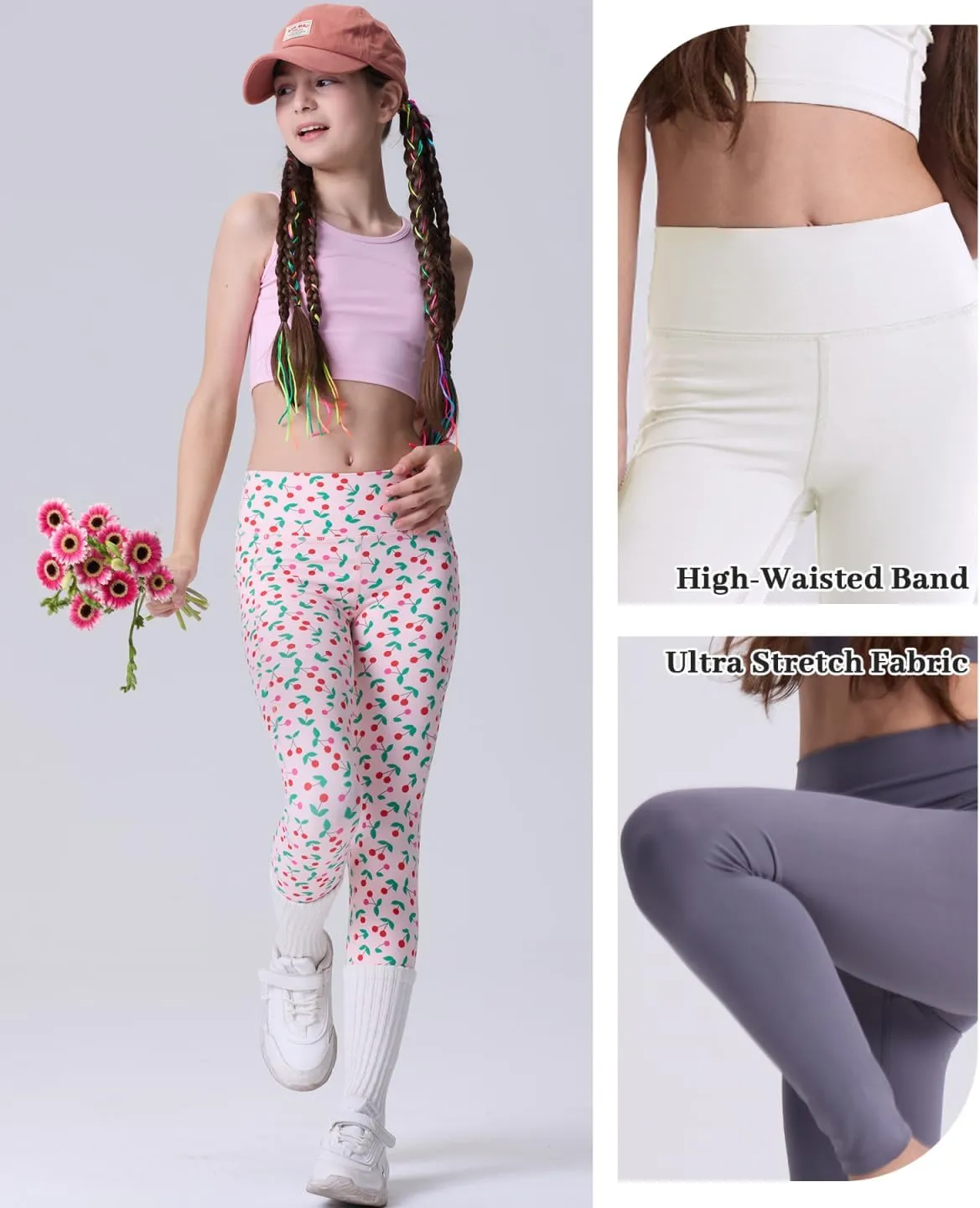 3 Pack Girls Black Athletic Leggings, Printed Ankle Length High Waisted Yoga Pants for Kids Teen