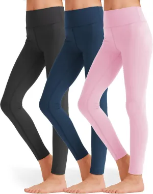 3 Pack Girls Black Athletic Leggings, Printed Ankle Length High Waisted Yoga Pants for Kids Teen