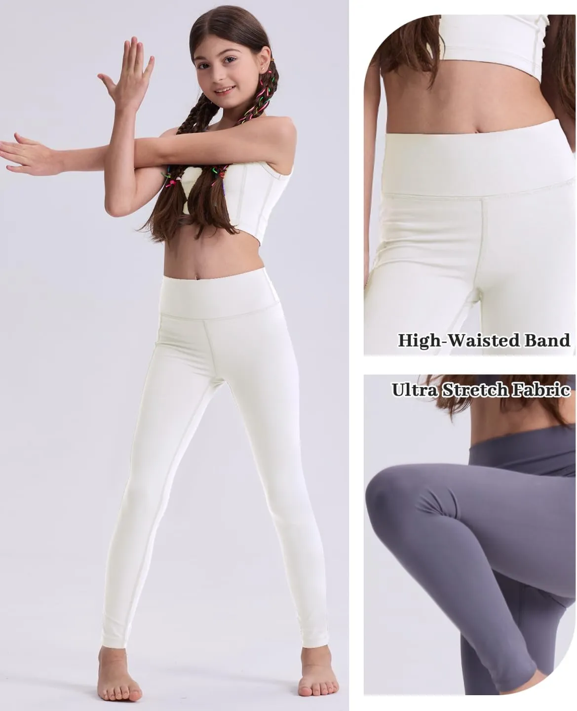 3 Pack Girls Black Athletic Leggings, Printed Ankle Length High Waisted Yoga Pants for Kids Teen
