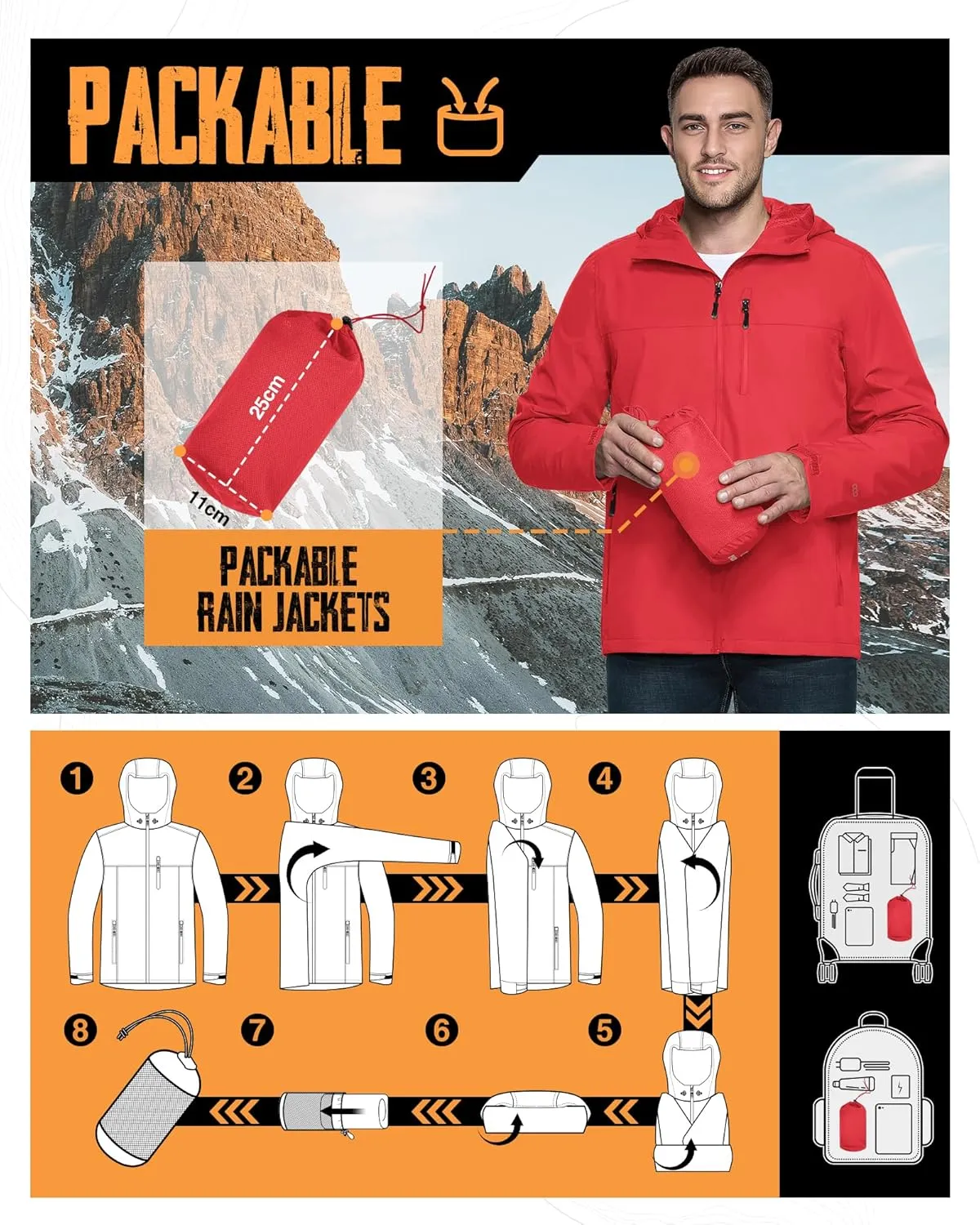 33,000ft Men's Packable Rain Jacket Lightweight Rain Shell Jacket with Hood Waterproof Raincoat for Cycling
