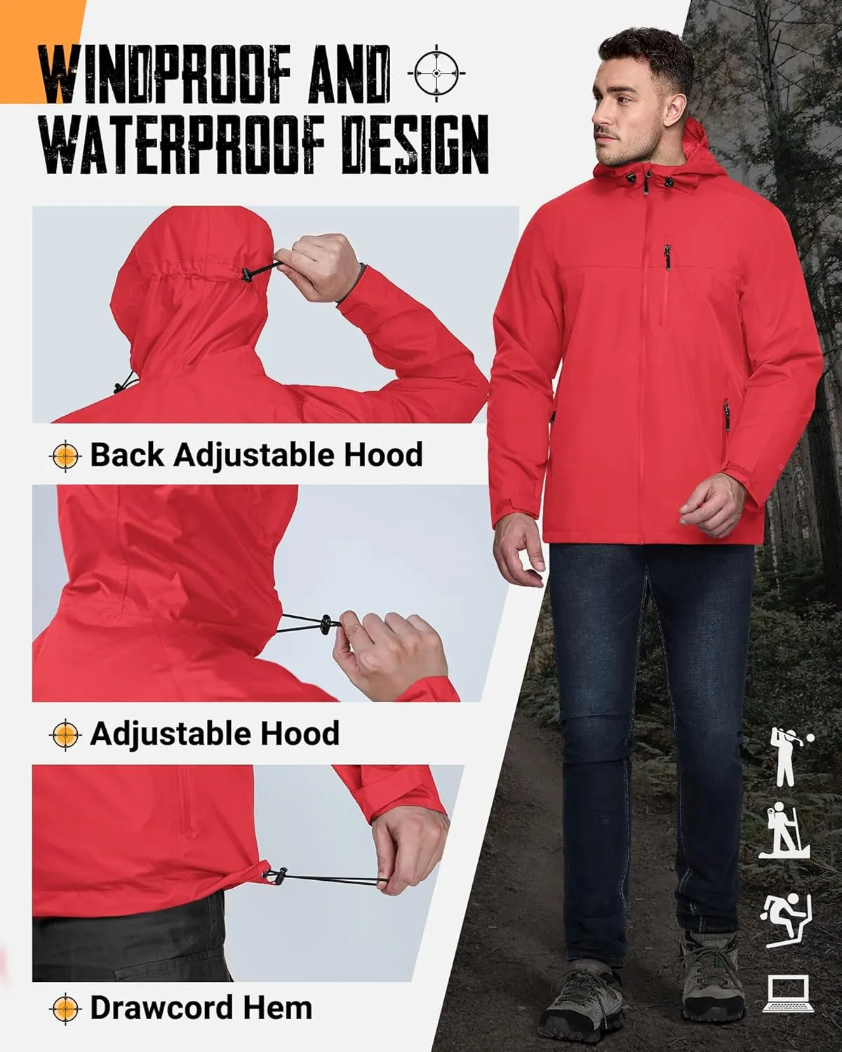 33,000ft Men's Packable Rain Jacket Lightweight Rain Shell Jacket with Hood Waterproof Raincoat for Cycling