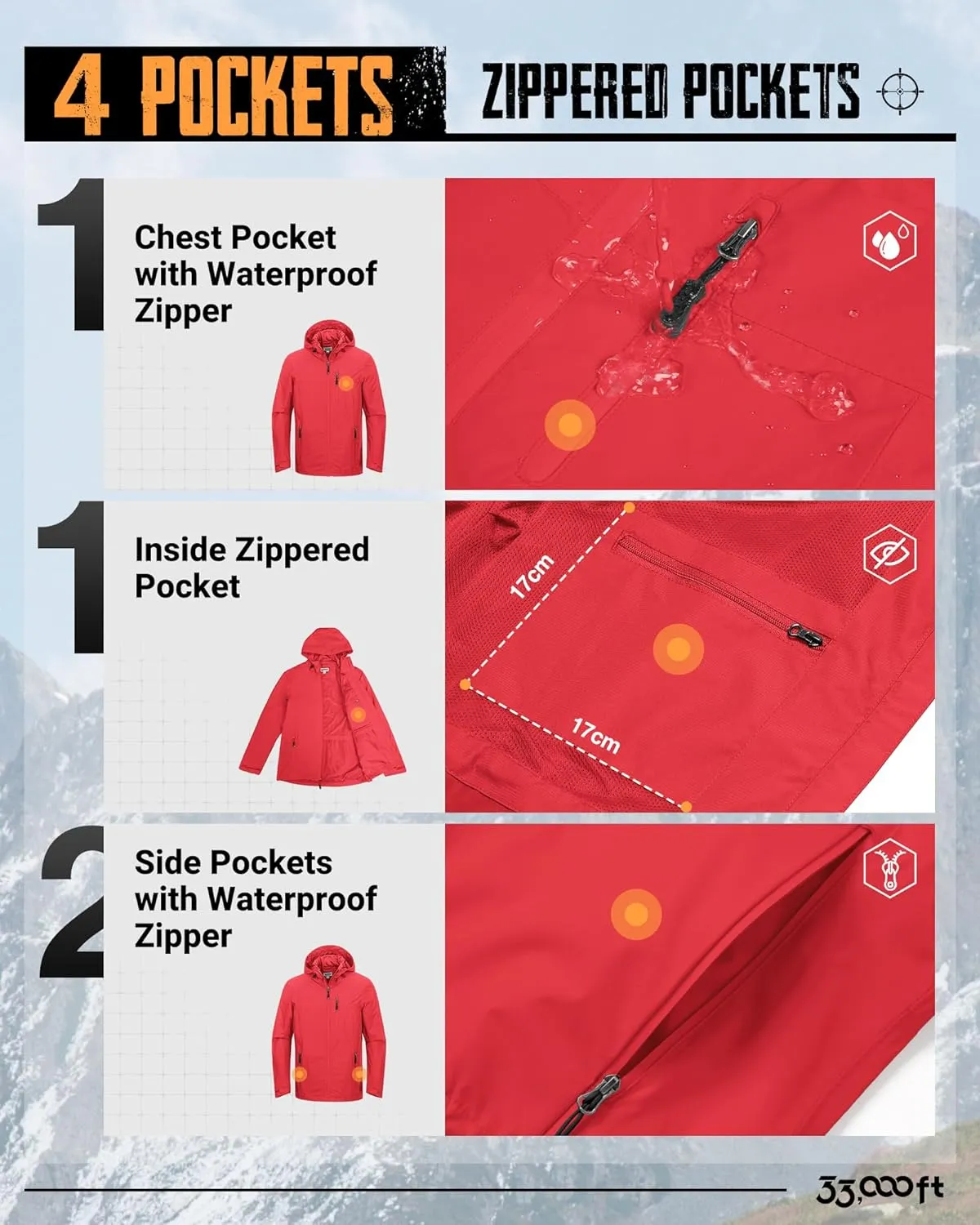 33,000ft Men's Packable Rain Jacket Lightweight Rain Shell Jacket with Hood Waterproof Raincoat for Cycling
