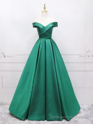 A-Line Off Shoulder Green Satin Long Prom Dresses, Green Evening Dresses