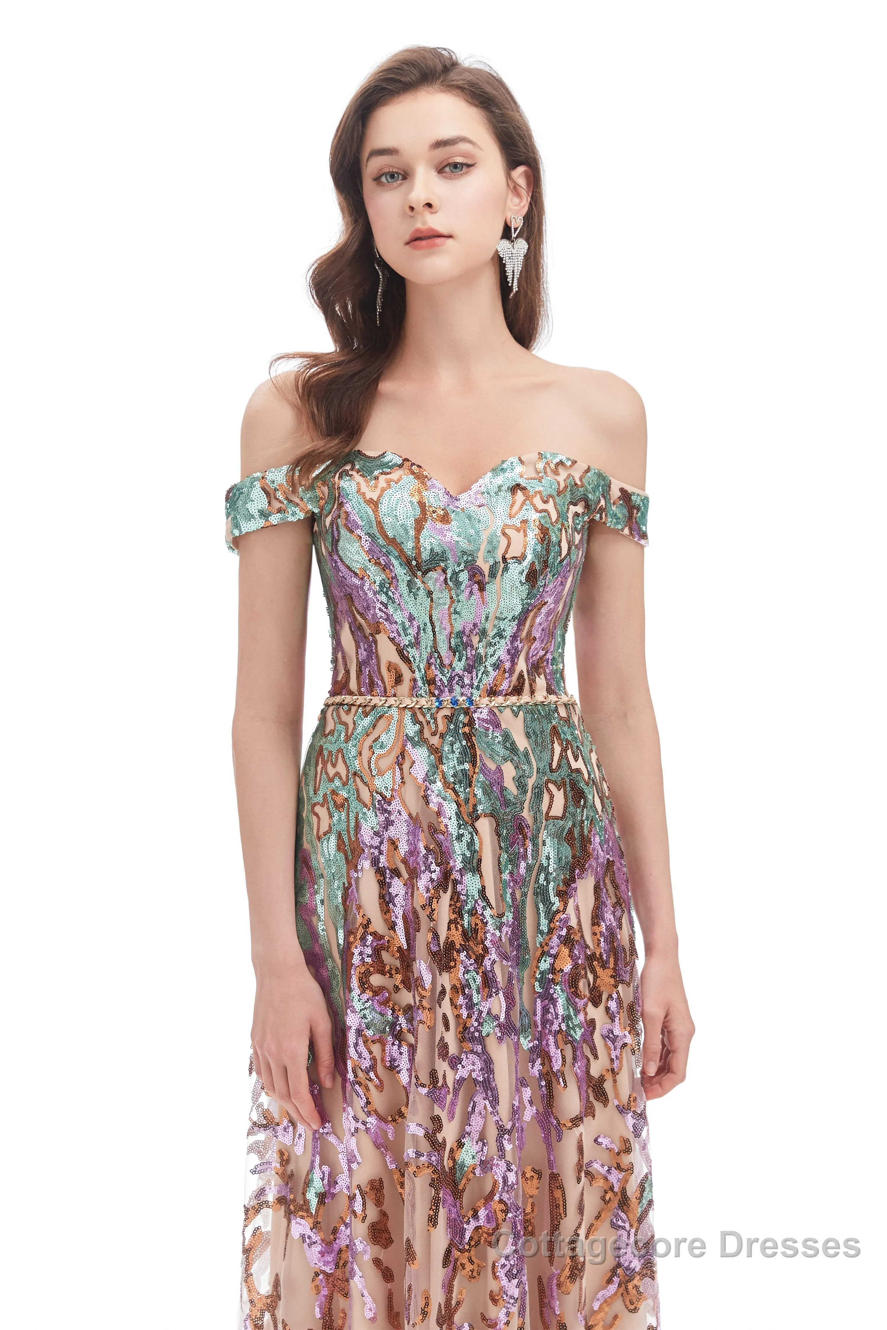 A line Off Shoulder Long Prom Dresses