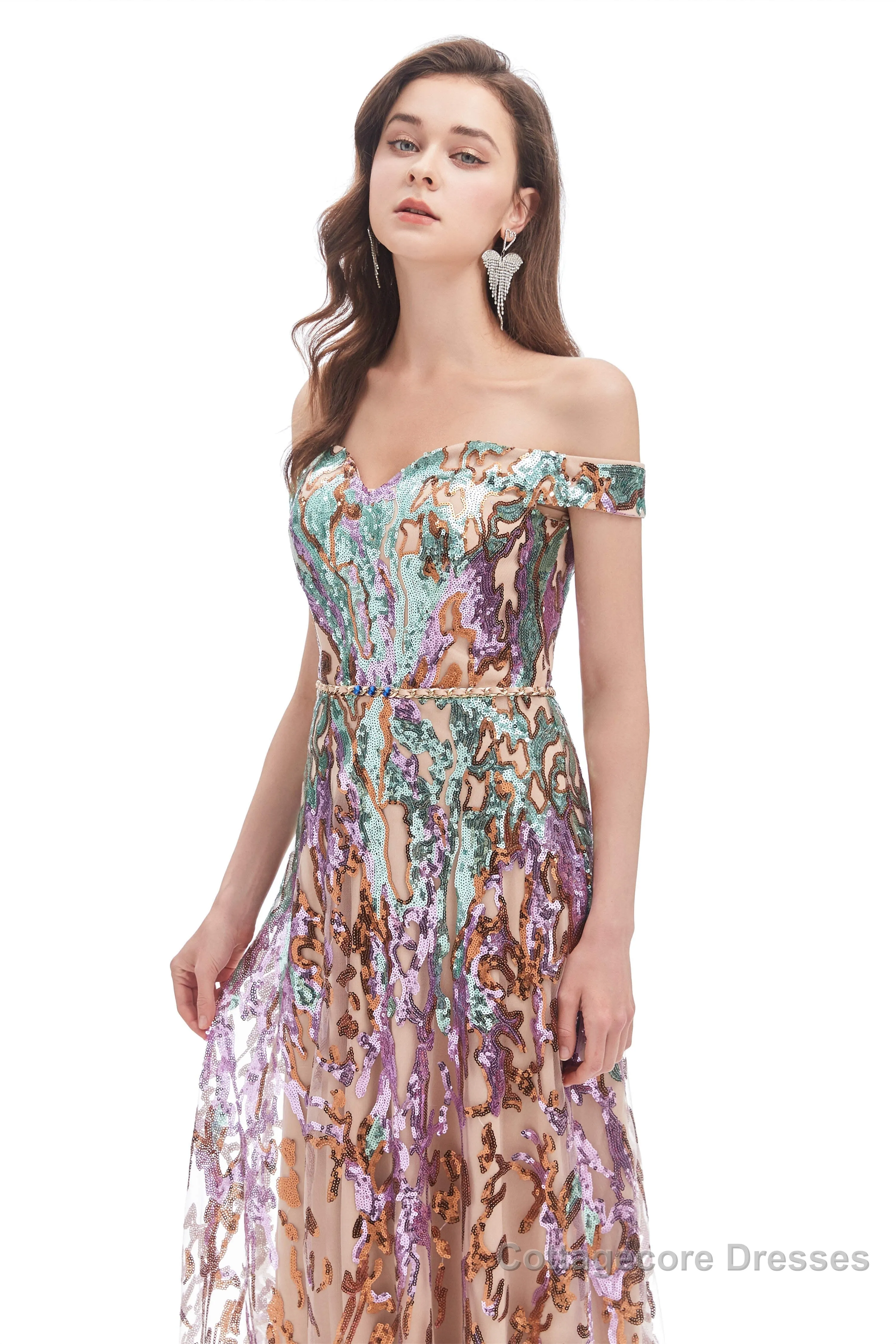 A line Off Shoulder Long Prom Dresses