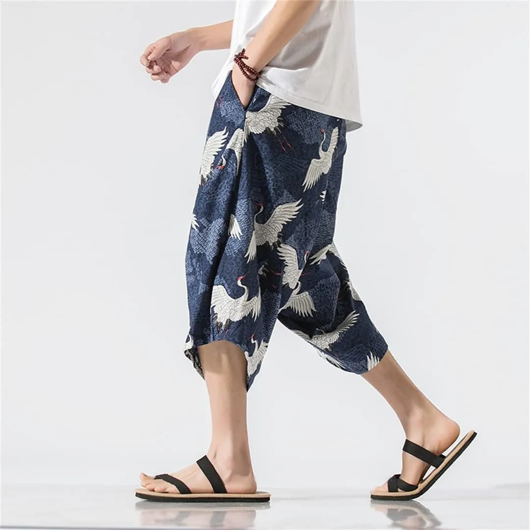 Alloaone Men's Wide Crotch Harem Pants Loose Large Cropped Trousers Wide-Legged Bloomers Printed Baggy Streetwear