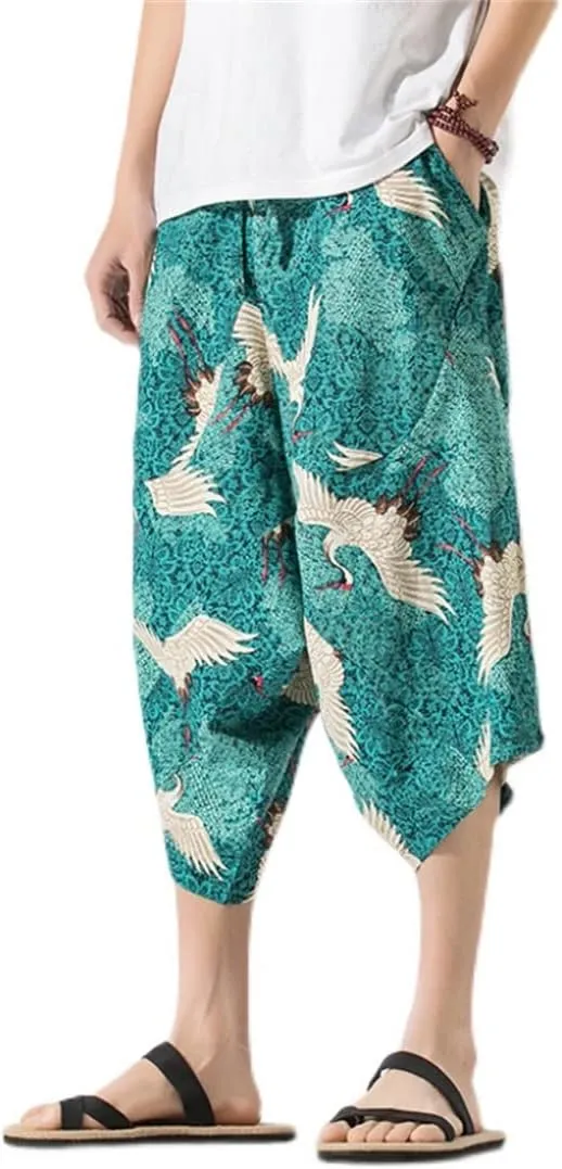 Alloaone Men's Wide Crotch Harem Pants Loose Large Cropped Trousers Wide-Legged Bloomers Printed Baggy Streetwear