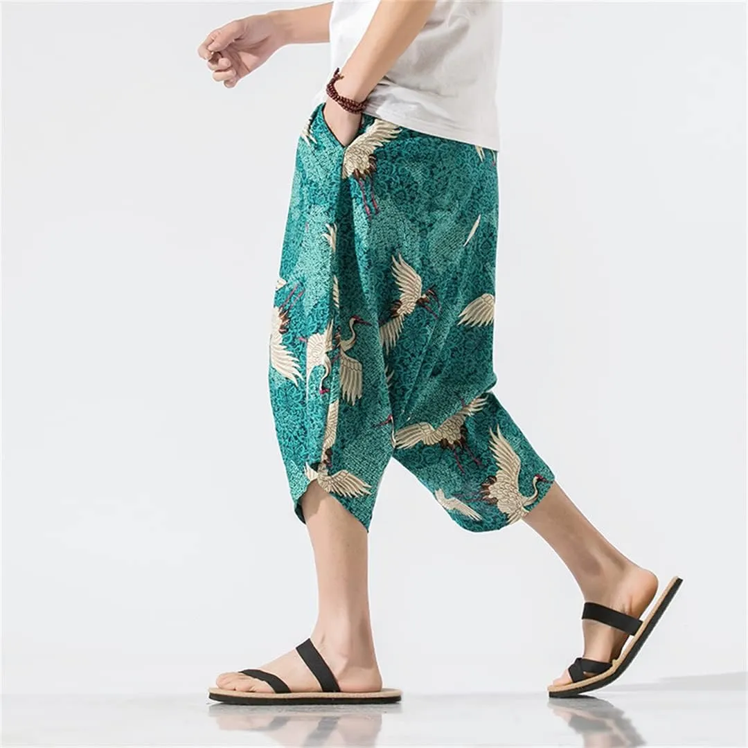 Alloaone Men's Wide Crotch Harem Pants Loose Large Cropped Trousers Wide-Legged Bloomers Printed Baggy Streetwear