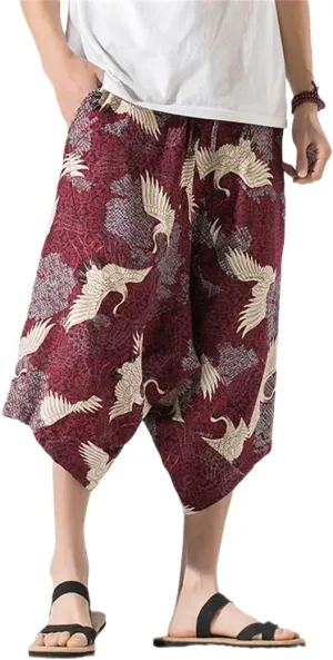 Alloaone Men's Wide Crotch Harem Pants Loose Large Cropped Trousers Wide-Legged Bloomers Printed Baggy Streetwear