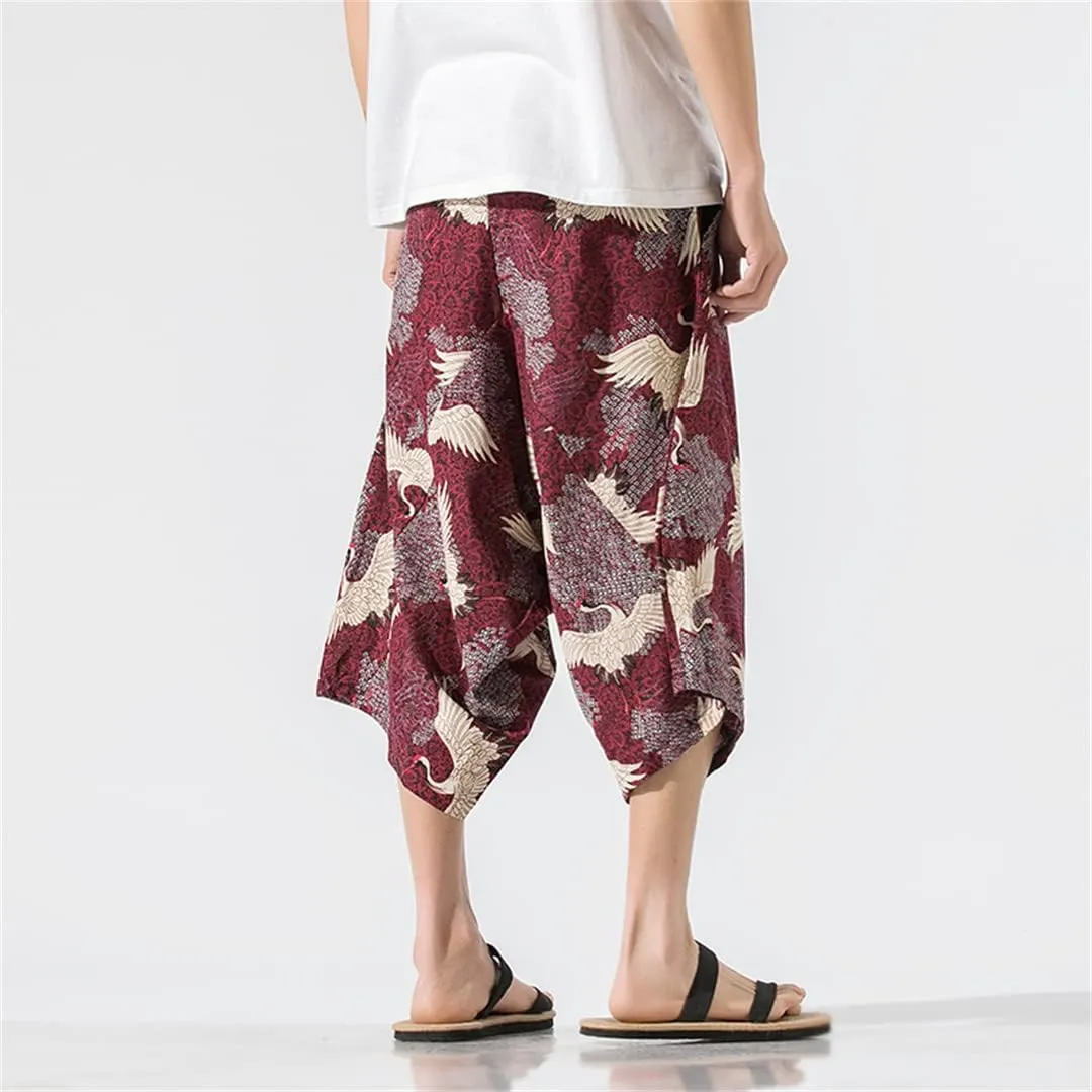 Alloaone Men's Wide Crotch Harem Pants Loose Large Cropped Trousers Wide-Legged Bloomers Printed Baggy Streetwear