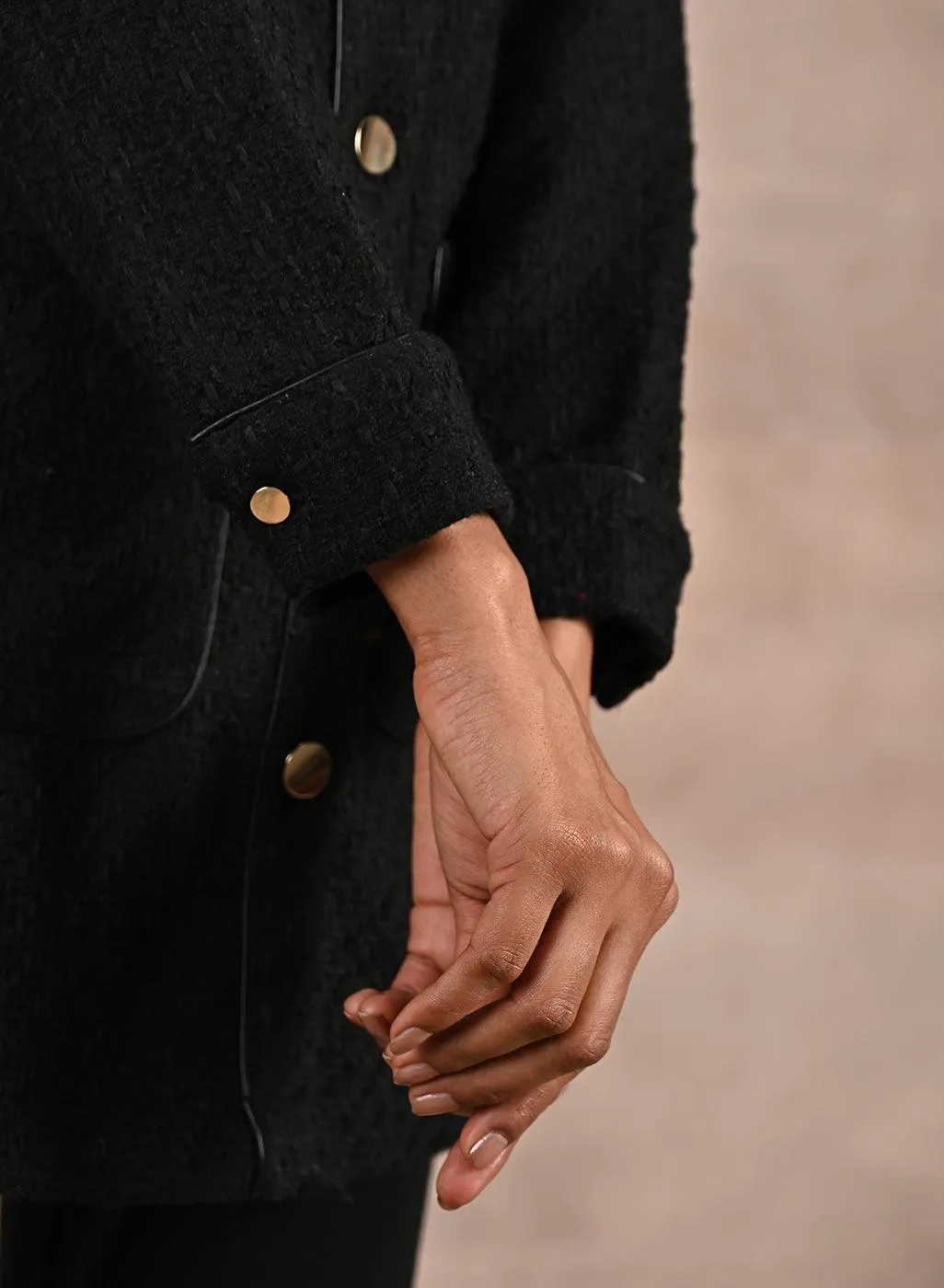 Black Long Sleeve Textured Jacket with Metallic Buttons