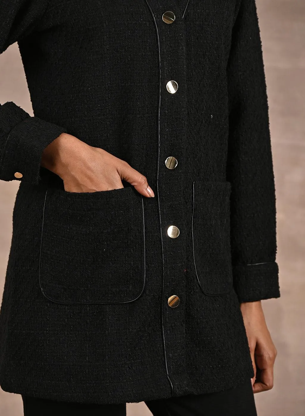 Black Long Sleeve Textured Jacket with Metallic Buttons
