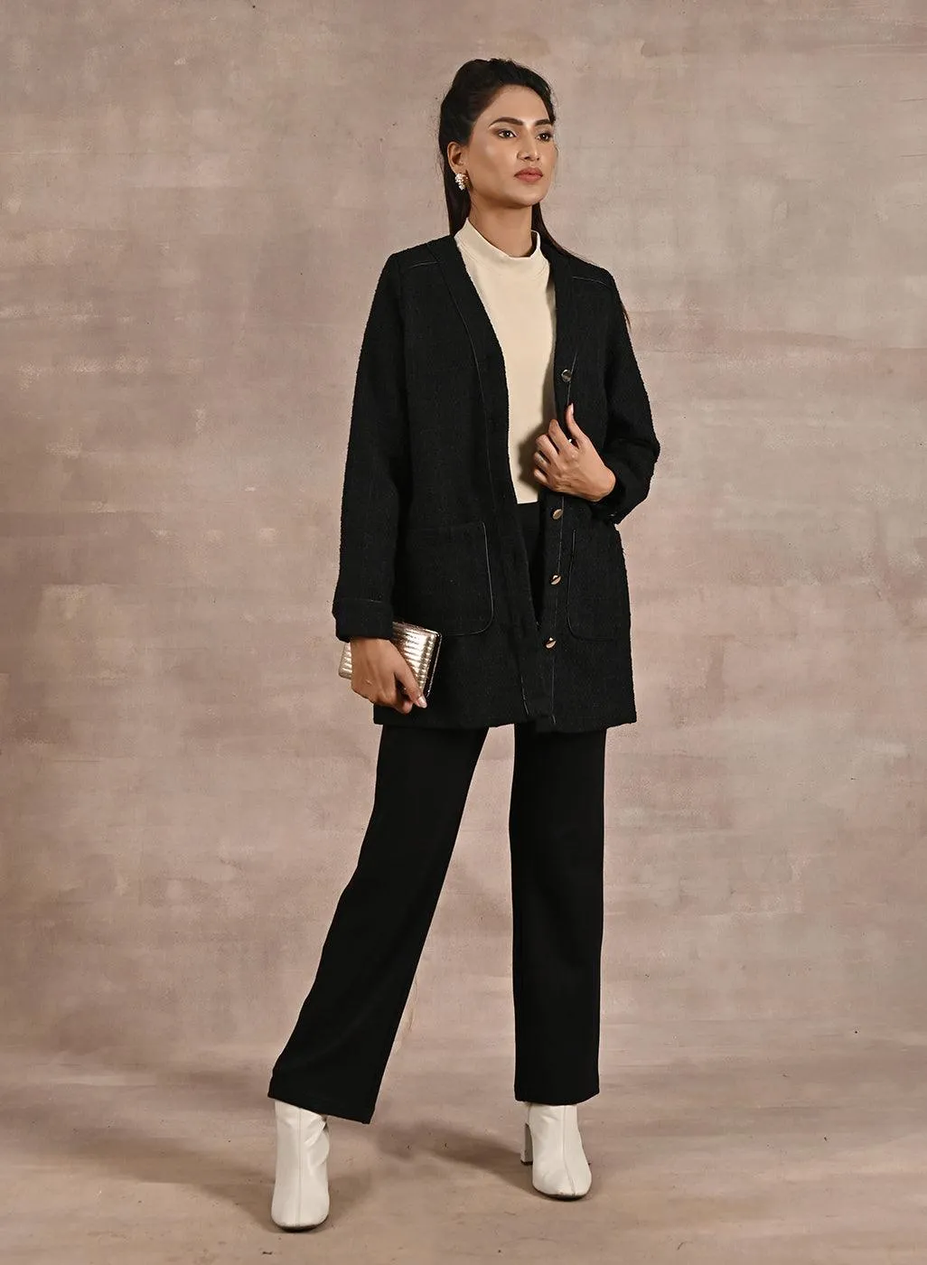Black Long Sleeve Textured Jacket with Metallic Buttons
