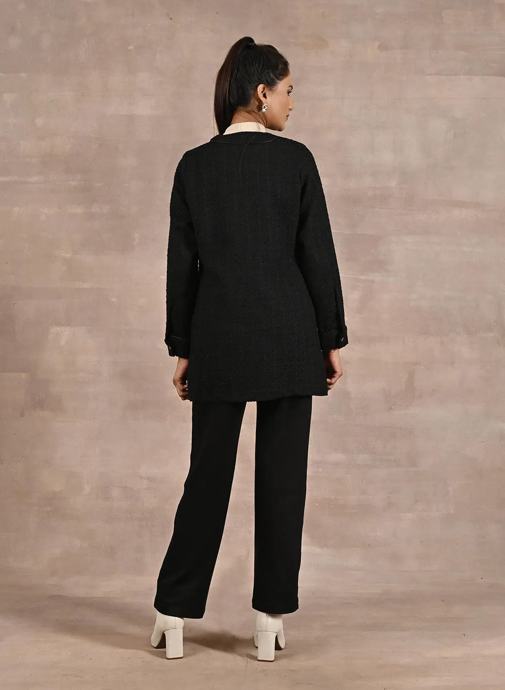 Black Long Sleeve Textured Jacket with Metallic Buttons