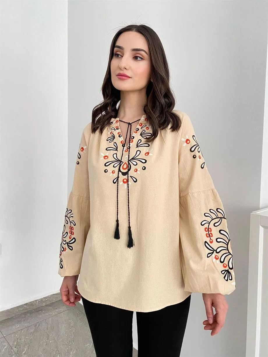 Bohemian Flair Linen-Cotton Blouse