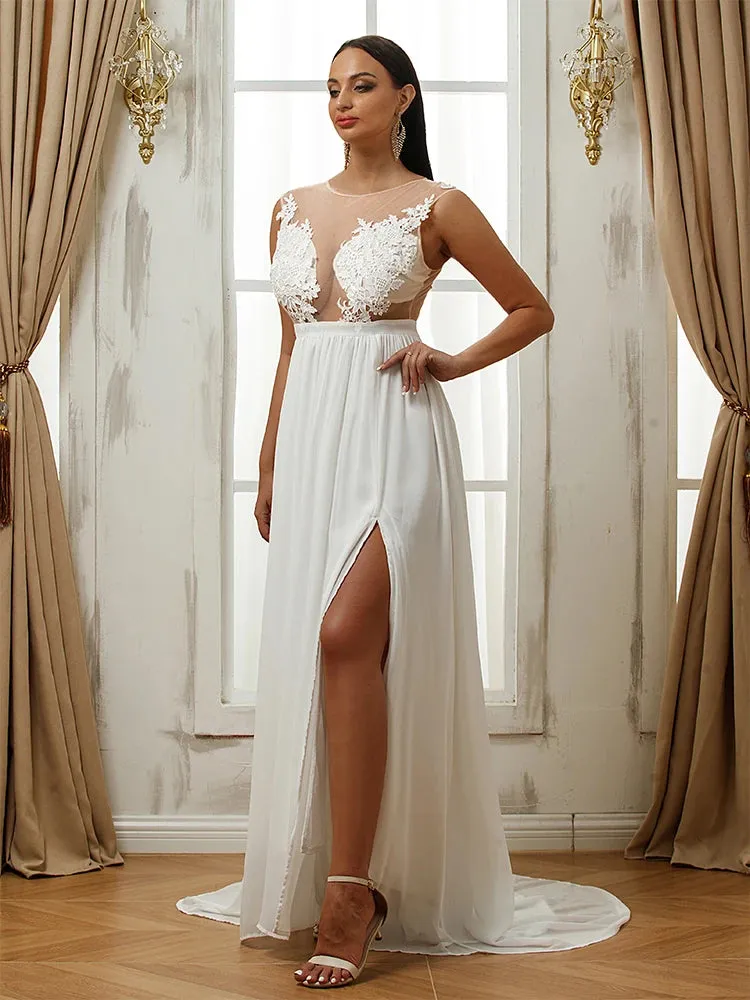 Boho Chiffon Wedding Dresses Appliques Lace O-Neck Sexy  A-Line Bridal Gown Sweep Train Vestidos De Novia