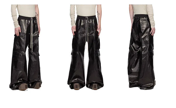 Bright Coated Wide Legged Black Casual Pants