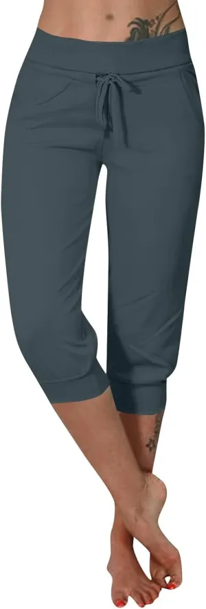 Capri Cargo Jogger Pants for Women 2024 Soft Casual Drawstrings Track Cuff Bottoms Capri Leggings Pockets