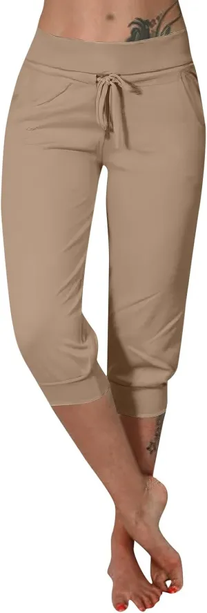 Capri Cargo Jogger Pants for Women 2024 Soft Casual Drawstrings Track Cuff Bottoms Capri Leggings Pockets