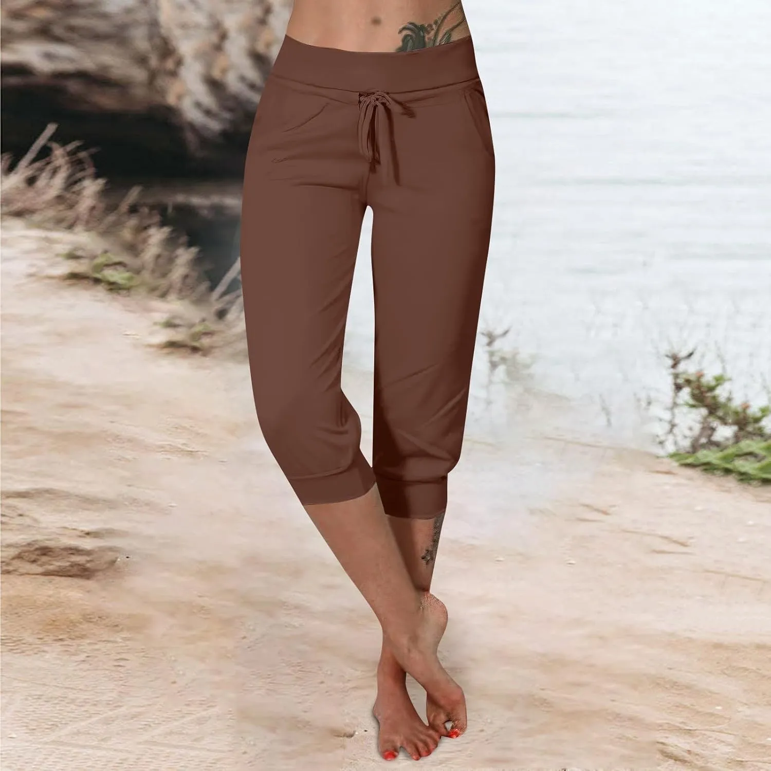 Capri Cargo Jogger Pants for Women 2024 Soft Casual Drawstrings Track Cuff Bottoms Capri Leggings Pockets