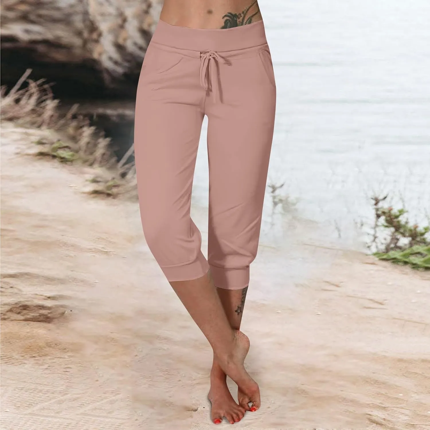 Capri Cargo Jogger Pants for Women 2024 Soft Casual Drawstrings Track Cuff Bottoms Capri Leggings Pockets