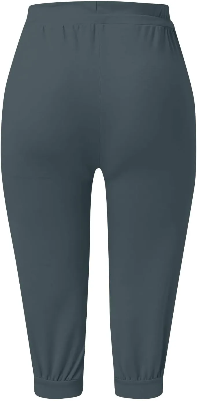 Capri Cargo Jogger Pants for Women 2024 Soft Casual Drawstrings Track Cuff Bottoms Capri Leggings Pockets