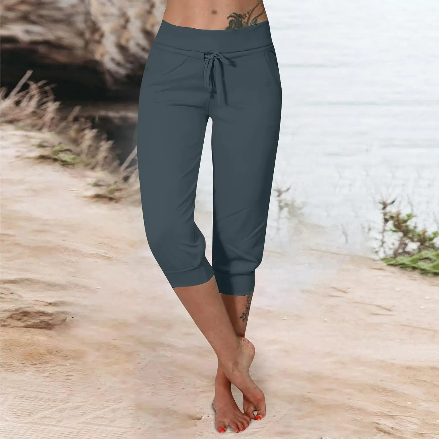 Capri Cargo Jogger Pants for Women 2024 Soft Casual Drawstrings Track Cuff Bottoms Capri Leggings Pockets