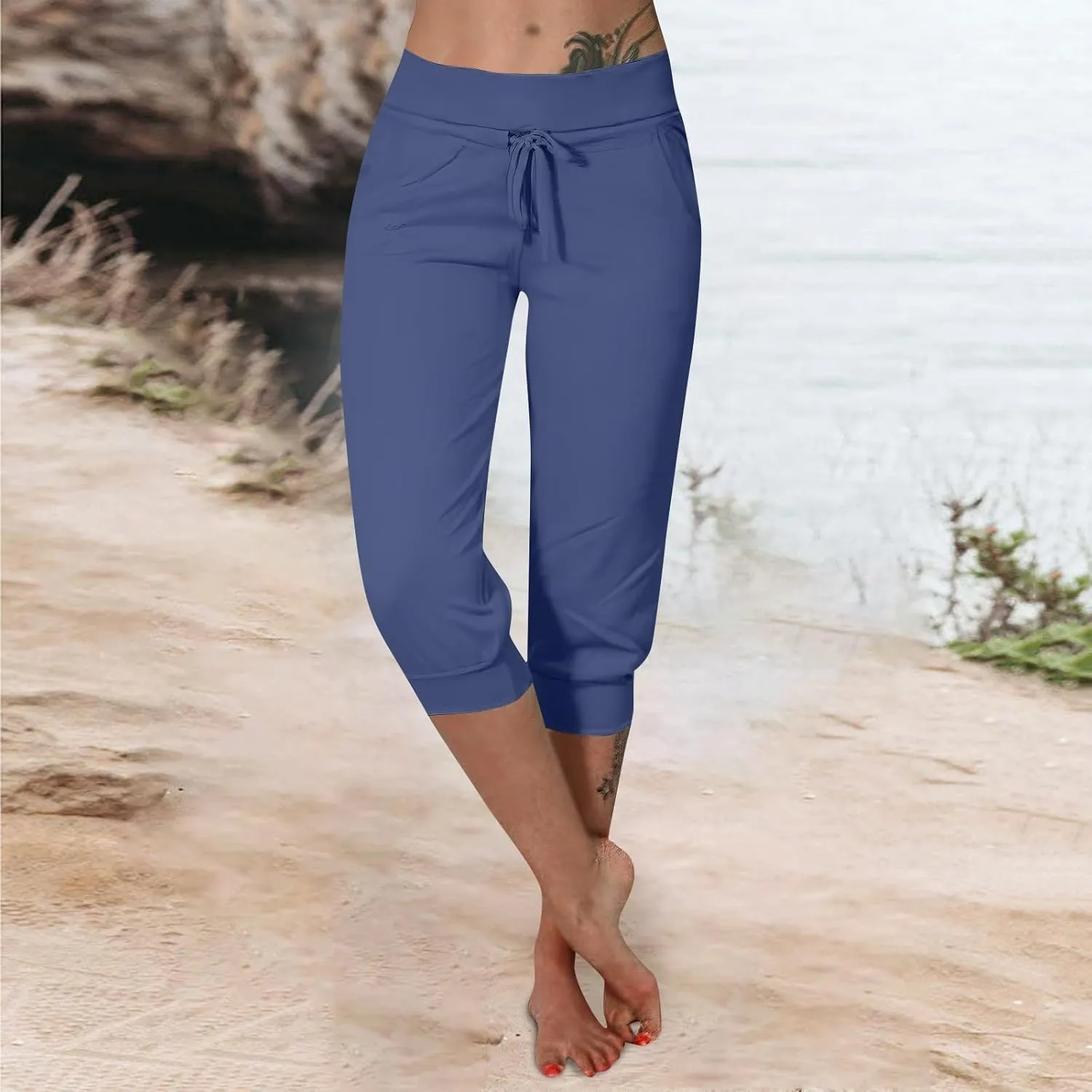 Capri Cargo Jogger Pants for Women 2024 Soft Casual Drawstrings Track Cuff Bottoms Capri Leggings Pockets