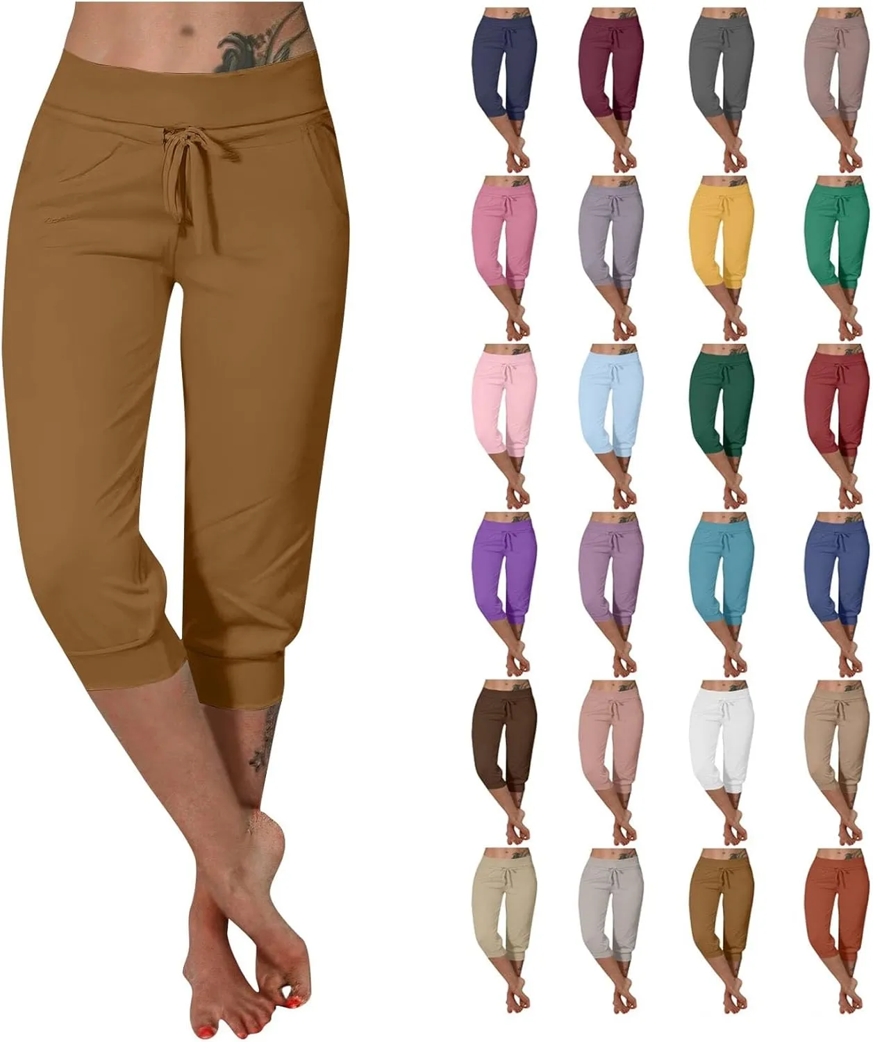 Capri Cargo Jogger Pants for Women 2024 Soft Casual Drawstrings Track Cuff Bottoms Capri Leggings Pockets