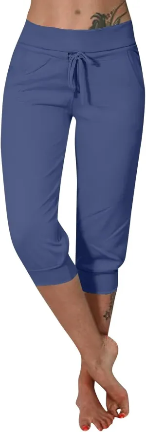Capri Cargo Jogger Pants for Women 2024 Soft Casual Drawstrings Track Cuff Bottoms Capri Leggings Pockets