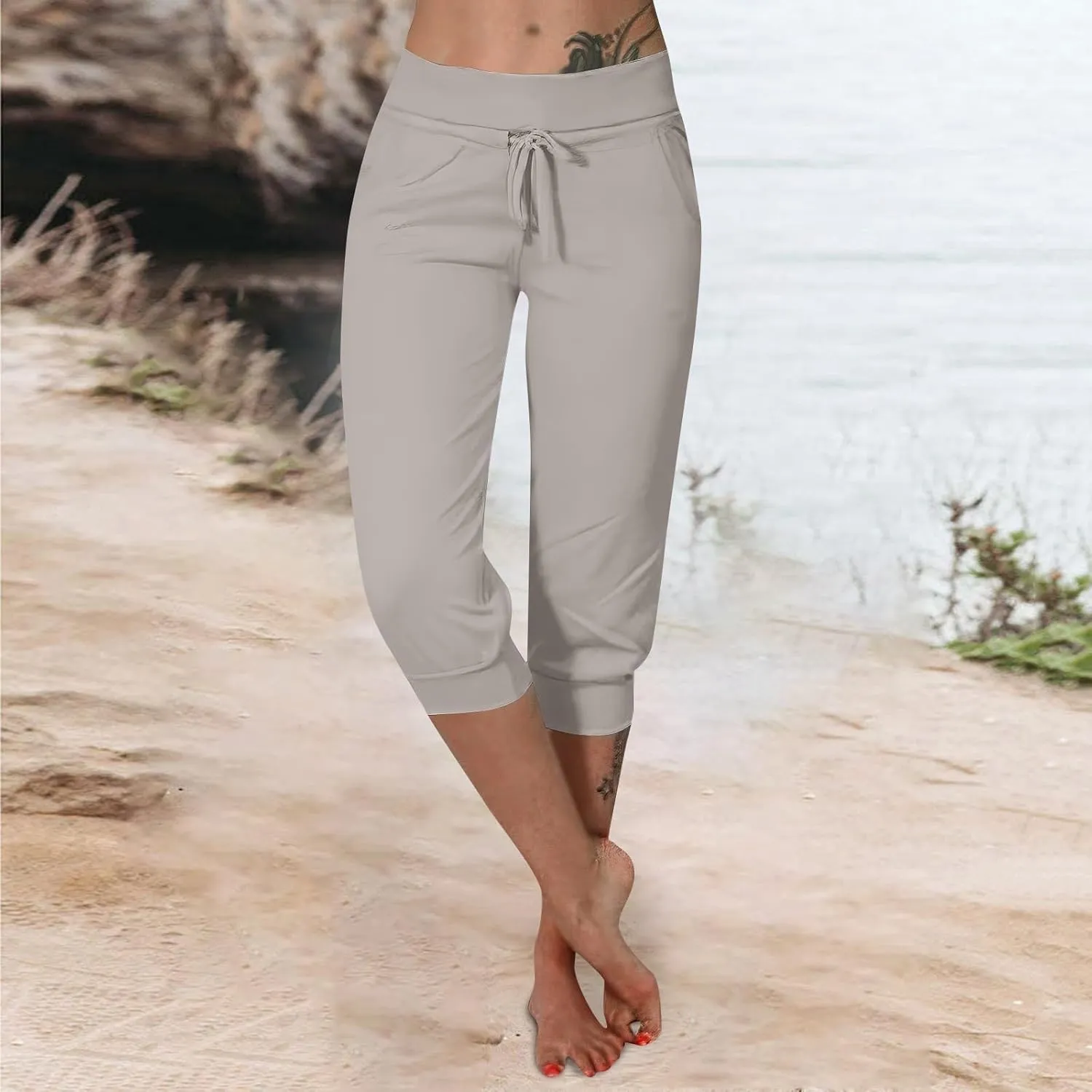 Capri Cargo Jogger Pants for Women 2024 Soft Casual Drawstrings Track Cuff Bottoms Capri Leggings Pockets