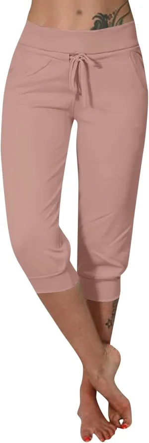 Capri Cargo Jogger Pants for Women 2024 Soft Casual Drawstrings Track Cuff Bottoms Capri Leggings Pockets