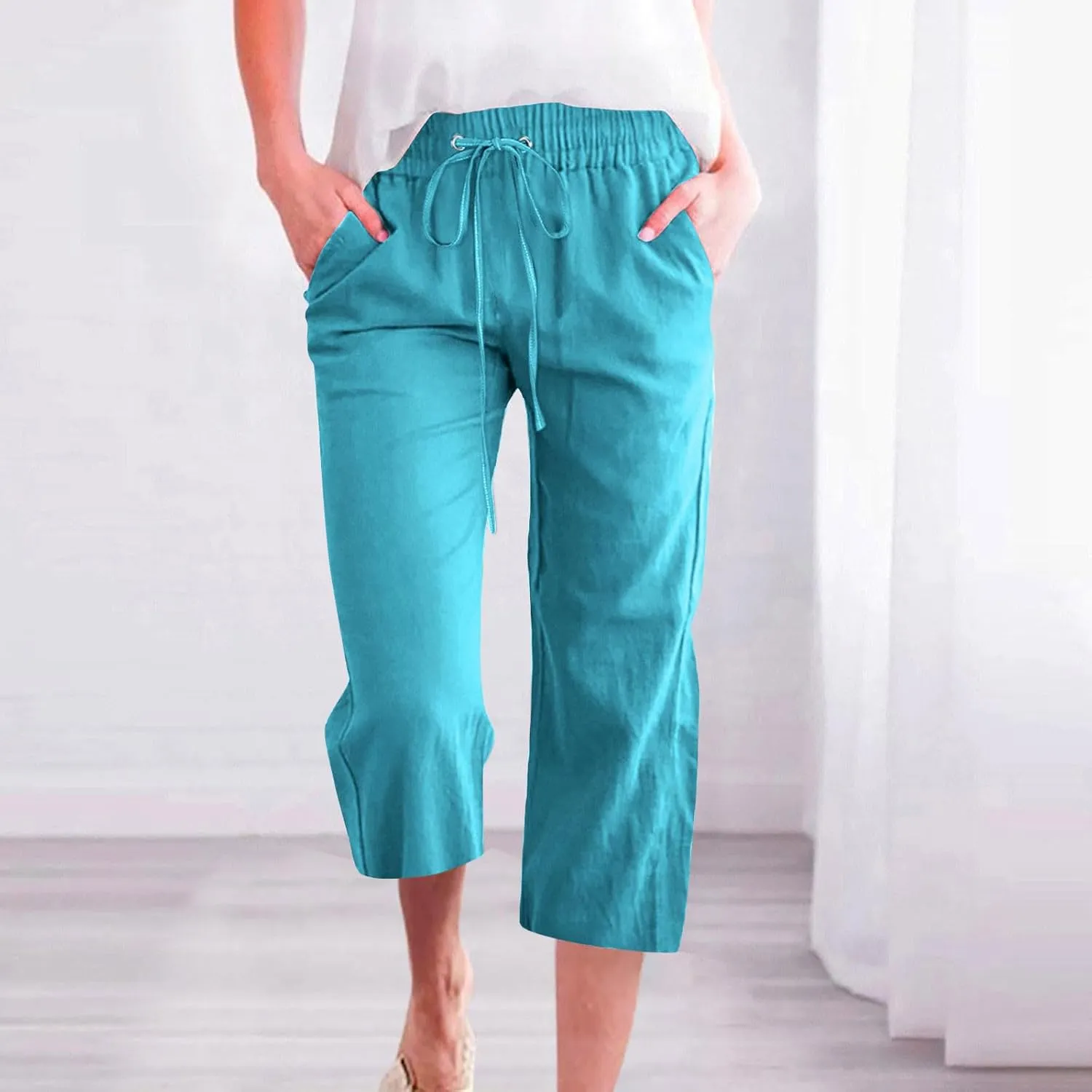 Capri Pants for Women Summer Casual Lounge Pants Cotton Linen Soft Drawstring Baggy Cropped Trousers with Pockets