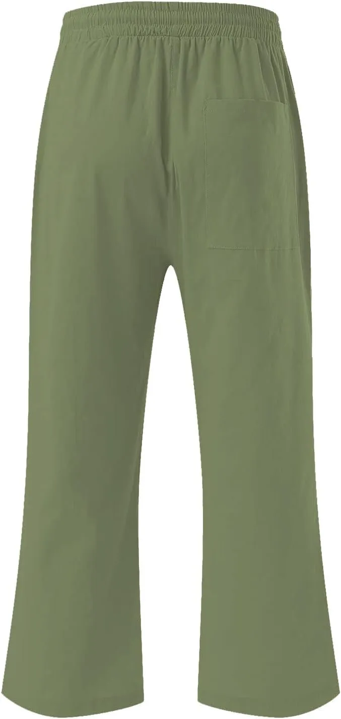 Capri Pants for Women Summer Casual Lounge Pants Cotton Linen Soft Drawstring Baggy Cropped Trousers with Pockets