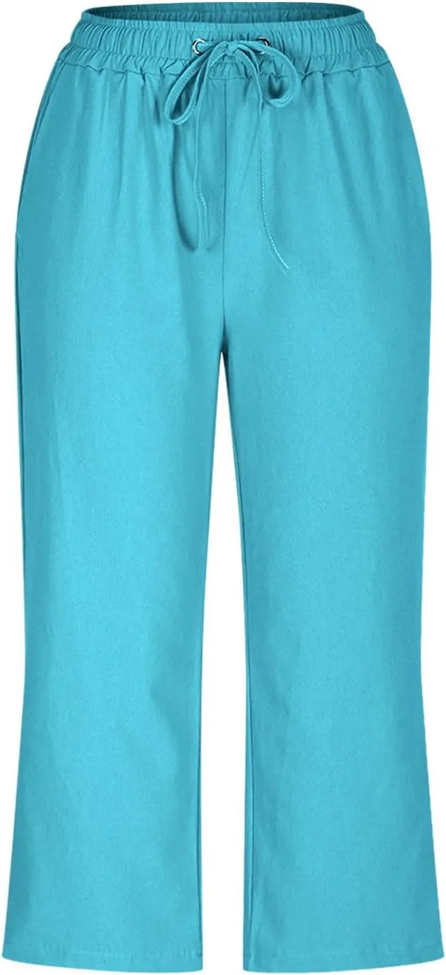 Capri Pants for Women Summer Casual Lounge Pants Cotton Linen Soft Drawstring Baggy Cropped Trousers with Pockets