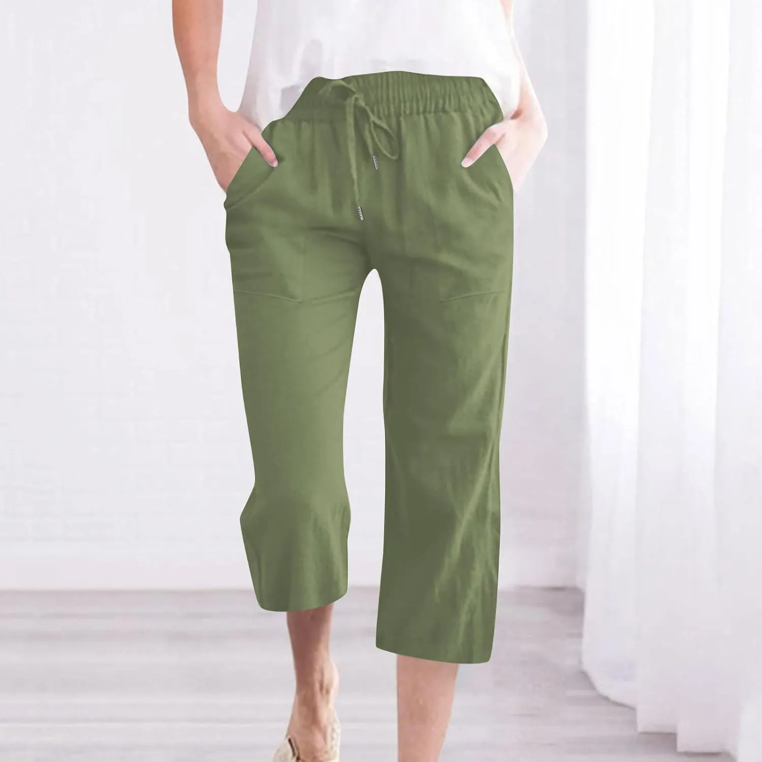 Capri Pants for Women Summer Casual Lounge Pants Cotton Linen Soft Drawstring Baggy Cropped Trousers with Pockets
