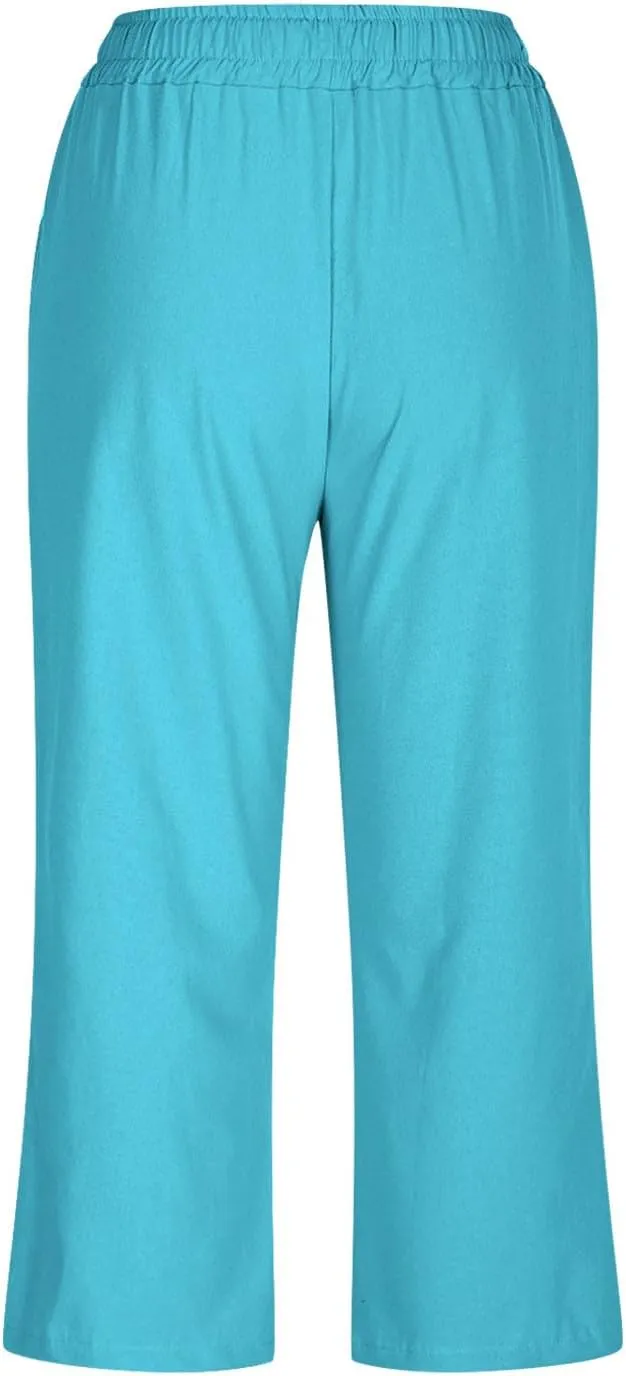 Capri Pants for Women Summer Casual Lounge Pants Cotton Linen Soft Drawstring Baggy Cropped Trousers with Pockets
