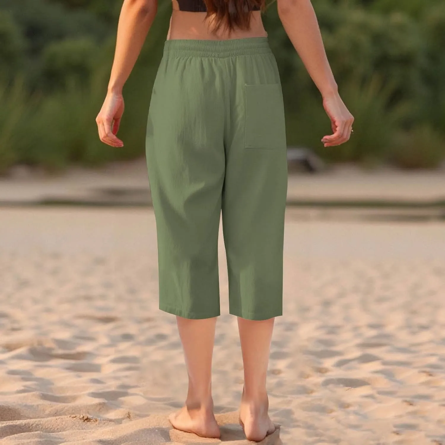 Capri Pants for Women Summer Casual Lounge Pants Cotton Linen Soft Drawstring Baggy Cropped Trousers with Pockets