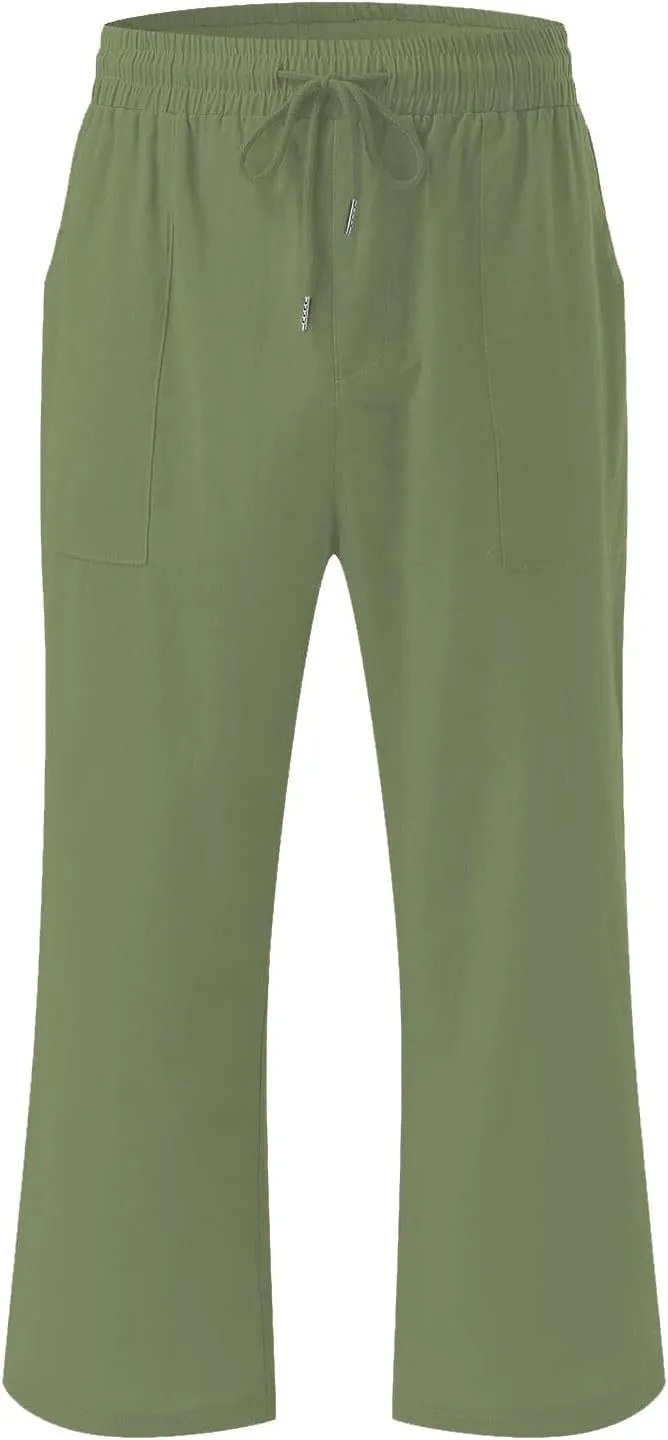 Capri Pants for Women Summer Casual Lounge Pants Cotton Linen Soft Drawstring Baggy Cropped Trousers with Pockets