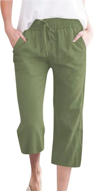 Capri Pants for Women Summer Casual Lounge Pants Cotton Linen Soft Drawstring Baggy Cropped Trousers with Pockets