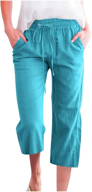 Capri Pants for Women Summer Casual Lounge Pants Cotton Linen Soft Drawstring Baggy Cropped Trousers with Pockets