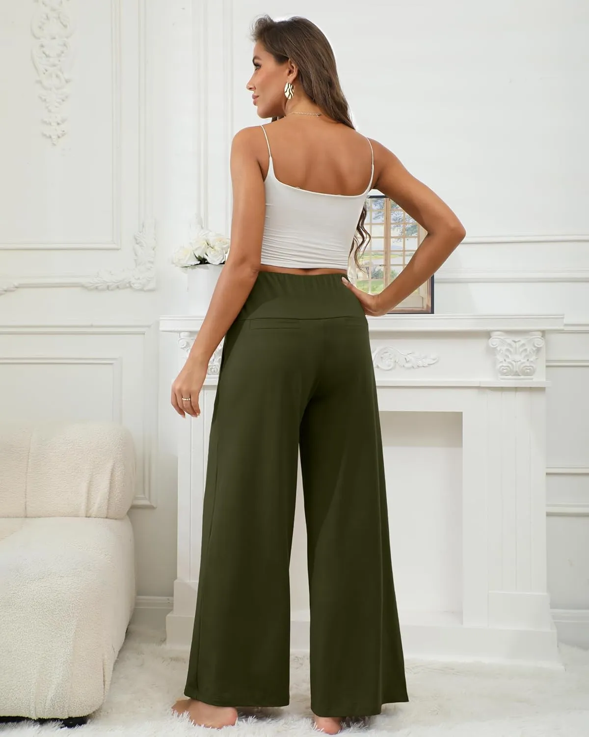 CHICASIMR Wide Leg Womens Pants High Waist Loose Flowy Comfy Lounge Stretch Soft Women Pants Casual Pants with Pockets