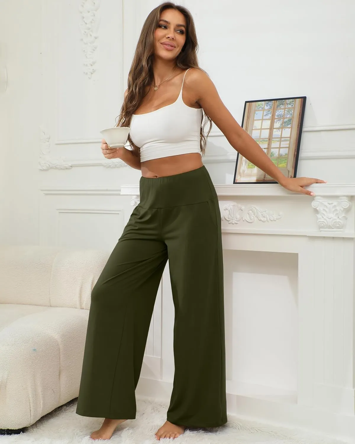 CHICASIMR Wide Leg Womens Pants High Waist Loose Flowy Comfy Lounge Stretch Soft Women Pants Casual Pants with Pockets